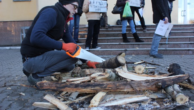 Под окнами Министерства Экологии сегодня рубили дрова в знак протеста