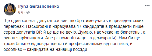 Президентские выборы в Украине: Геращенко насчитала в Раде 17 кандидатов в президенты Президентские выборы в Украине: Геращенко насчитала в Раде 17 кандидатов в президенты
