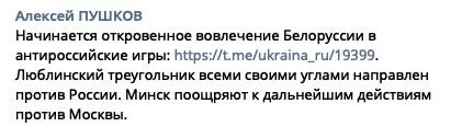 «Как всегда, пена изо рта…»: Пушков прокомментировал возможное присоединение Беларуси к союзу Украины, Польши и Литвы