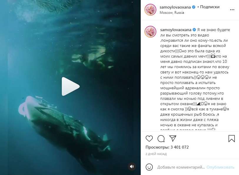 «Это было одно из моих самых давних мечтаний»: Оксана Самойлова с мужем и детьми ночью, посреди океана, в ливень, прыгнула к 8-ми метровой китовой акуле  